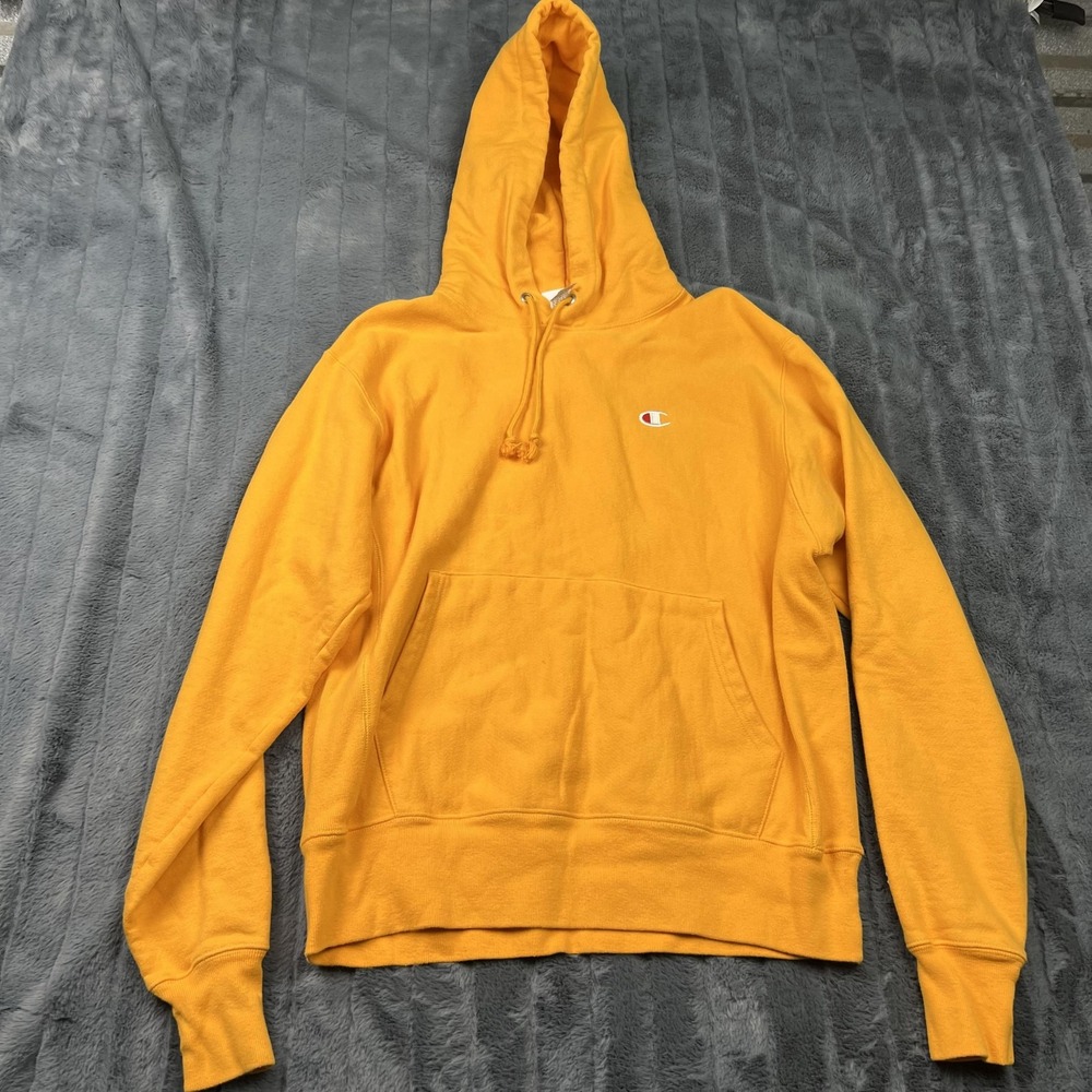 Champion Mens M Yellow Reverse Weave Pullover Hoodie Embroidered Logo Sweatshirt